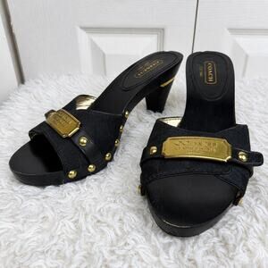 Coach Y2K Black Gold Logo Platform Mule Heels Size 8
